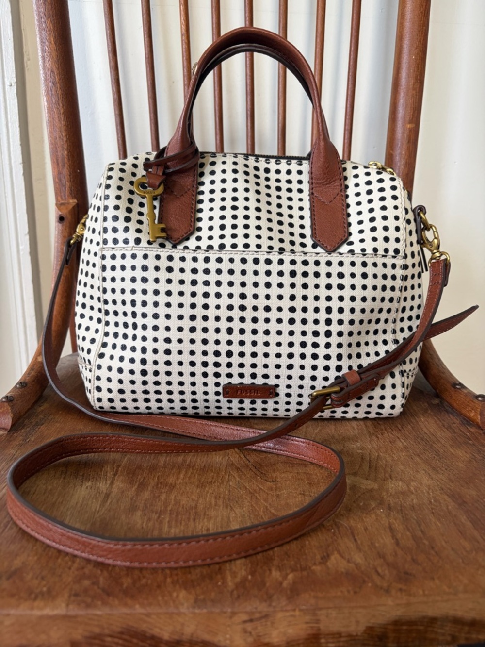 Fossil Polka Dot Sydney Satchel Handbag with Brown Trim